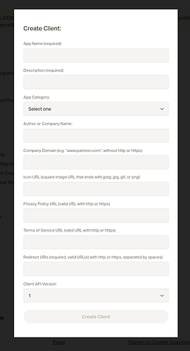 Patreon client creation form