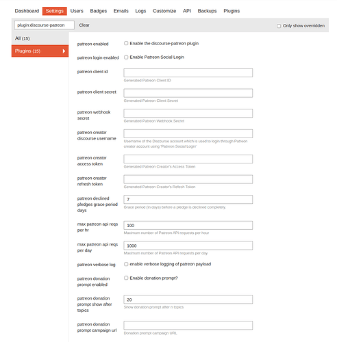 Discourse Patreon plugin settings