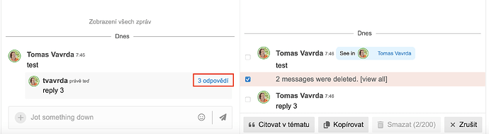 Uma captura de tela mostrando um tópico de discussão com duas mensagens e uma notificação de duas mensagens excluídas. (Legenda por IA)