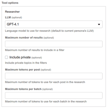 La imagen muestra opciones para configurar la investigación utilizando una herramienta LLM con selecciones para el modelo de lenguaje, número máximo de resultados, temas privados, tokens máximos por publicación y tokens máximos por lote. (Subtitulado por IA)