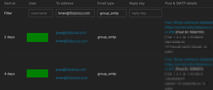 A imagem mostra um painel de e-mail com cabeçalhos destacados em verde indicando mensagens de "brian@" dentro de um filtro group_msmtp, ordenadas por idade, com uma mensagem adicional group_msmtp na seção "4 dias". (Legenda da IA)