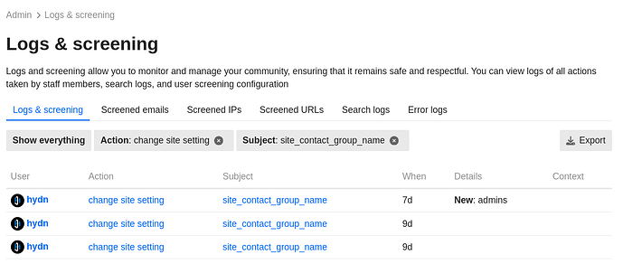 La imagen es una captura de pantalla de la sección "Registros y Selección" en la configuración de administración de un sitio web, que muestra las acciones del usuario para cambiar la configuración del sitio y administrar grupos de contactos. (Subtitulado por IA)