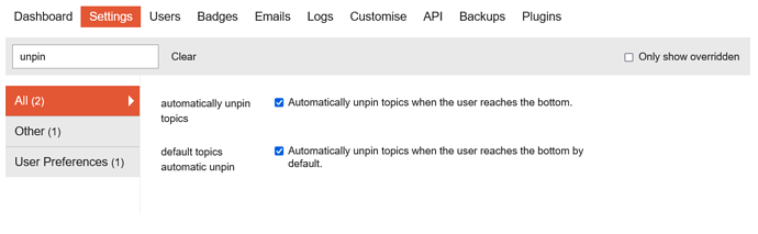 unpin admin settings