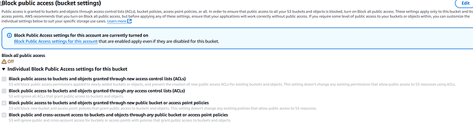The image is a screenshot of a settings page from Amazon Web Services (AWS) configuring public access settings for a bucket. (Captioned by AI)