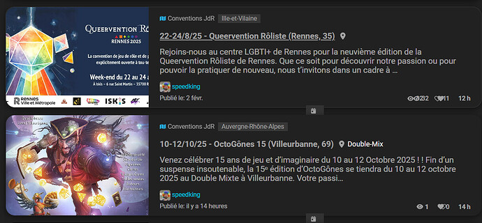 La imagen es una interfaz de red social similar a Facebook que muestra dos publicaciones de eventos, una para "Conventions JDR" en Rennes con fecha 22-24/8/25 y otra para "Octoberfest" en Villeurbanne con fecha 10-12/10/25, ambas centradas en los temas de eventos de manualidades LGBTQ+. (Subtitulado por IA)