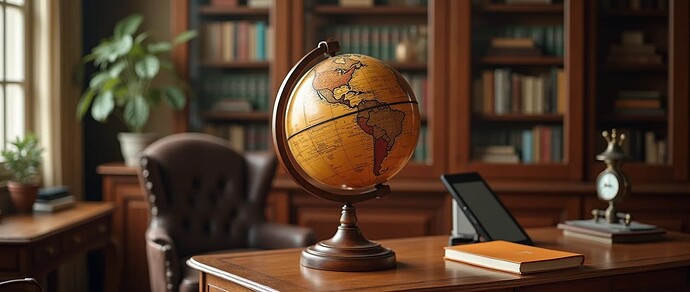 Un globo terráqueo vintage descansa sobre un escritorio de madera en medio de una habitación llena de libros y artículos de estudio, evocando una atmósfera académica o histórica. (Subtitulado por IA)