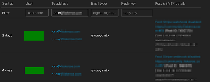 A imagem mostra uma interface de resultados de pesquisa exibindo uma lista de duas descrições com endereços de e-mail, carimbos de data/hora e espaços reservados para usuário, chave de resposta e tipo de e-mail, todos com texto borrado por privacidade. (Legenda da IA)