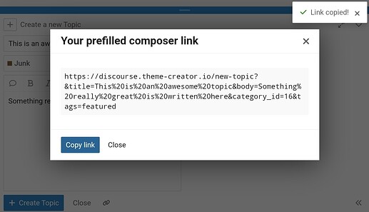 A imagem mostra uma tela de computador com uma janela pop-up que contém um URL longo para um link de composer pré-preenchido. (Legenda por IA)