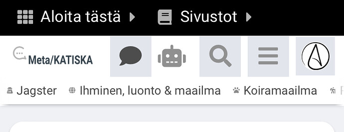 Questa immagine mostra una barra di navigazione o un menu dall'interfaccia di un sito web o di un'applicazione, con varie icone ed etichette come "Aloita tästä" (che probabilmente significa "Inizia qui" in finlandese), "Sivustot" (probabilmente "Siti"), un'icona di ricerca e categorie come "Ihminen, luonto & maailma" (possibilmente "Umani, Natura e Mondo"). (Sottotitolato dall'IA)
