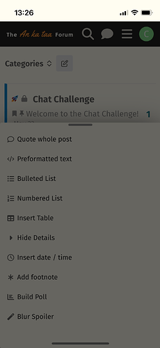 「The An Ka Taa Forum」インターフェイスのスクリーンショット。テキストフォーマットオプションが下にリストされた「Chat Challenge」カテゴリが表示されています。(AIによるキャプション)
