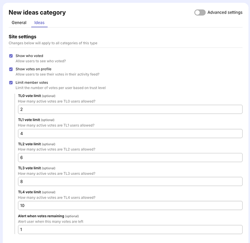 L'onglet Idées affiche tous les paramètres préconfigurés pour ce type de catégorie.