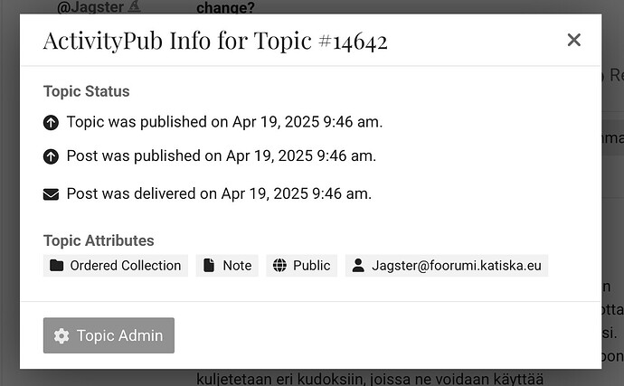 A imagem exibe uma janela pop-up fornecendo informações do ActivityPub para o Tópico nº 14642 em um formato indicando que o tópico e sua postagem foram publicados e entregues às 9h46 de 19 de abril de 2025. (Legenda gerada por IA)
