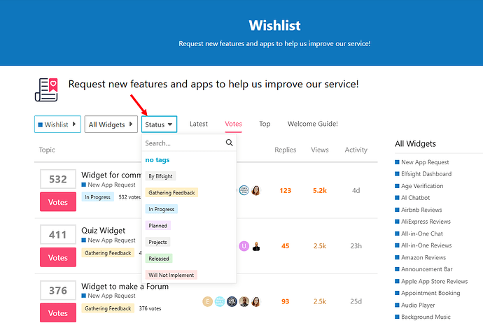 La imagen muestra la interfaz de usuario de una función de Lista de deseos donde los usuarios pueden solicitar nuevas funciones y aplicaciones para mejorar un servicio, con varias ideas de widgets listadas y sus estados. (Descrito por IA)
