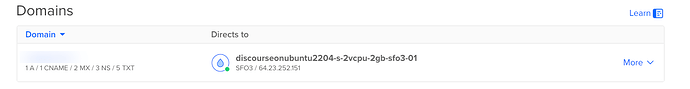 The image shows a domain management interface with "discourseonubuntu2204-s-2cpu-2gb-sfo3-01" as the domain name and a subdomain "discoveryubuntu.sfo3" directing to the IP address 64.23.252.151. (Captioned by AI)
