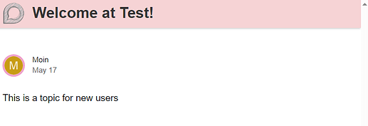 Die Webseite zeigt einen Screenshot eines Forums oder einer Nachrichtenwand mit einem rosa Banner mit der Aufschrift „Welcome at Test!“ und darunter einen Beitrag eines Benutzers namens „Moin“ vom 17. Mai, in dem es heißt: „Dies ist ein Thema für neue Benutzer.“ (Beschriftet von KI)