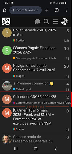 La imagen muestra una página de foro en un dispositivo móvil con una lista de publicaciones de eventos, y el evento resaltado es "Calendrier CDC35 2024/25". (Subtitulado por IA)