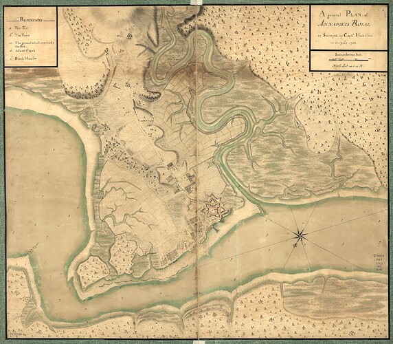 これは、「ノバスコシア州アナポリスロイヤル町の一般計画」と題された歴史的な地図で、1753年にハミルトン大尉によって測量され、詳細な要塞、町のレイアウト、周囲の景観の特徴、コンパスローズが描かれています。(AIによるキャプション)