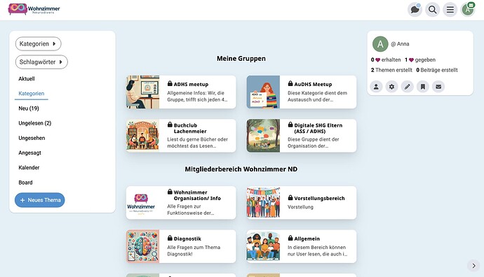 This image shows a user interface of a group management platform called Wohnzimmer, displaying various group categories and options for creating new themes. (Labeled by AI)