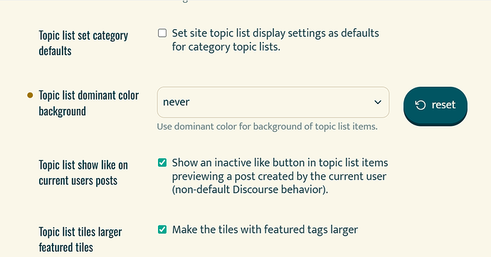 Esta imagen muestra varias opciones de configuración para personalizar los iconos de la lista de temas, incluidas funciones como establecer la visualización predeterminada para las listas de temas de categorías, usar el color dominante como fondo, mostrar un botón de "me gusta" en los elementos de tema inactivos y crear mosaicos más grandes para etiquetas destacadas, con un botón azul de "restablecer". (Subtitulado por IA)