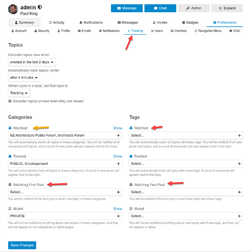 This image depicts a screenshot of a forum topic management page displaying various options, with a prominent red arrow guiding users through different functionalities, including tracking, categories, and tags. (Captioned by AI)
