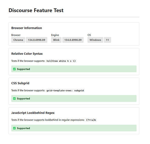 A imagem é uma captura de tela de um teste de recurso da web indicando suporte do navegador para Sintaxe de Cor Relativa, Subgrade CSS e Regex de Lookbehind JavaScript, com suporte bem-sucedido no motor Blink versão 134.0.6998.89 do Chrome em um sistema operacional Windows 11. (Legenda por IA)