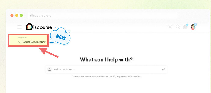 「Discourse」ウェブサイトのホームページ、上部のナビゲーションバーに「Forum Researcher」セクションの下の「Persona」のドロップダウンメニューが表示されています。(AIによるキャプション)