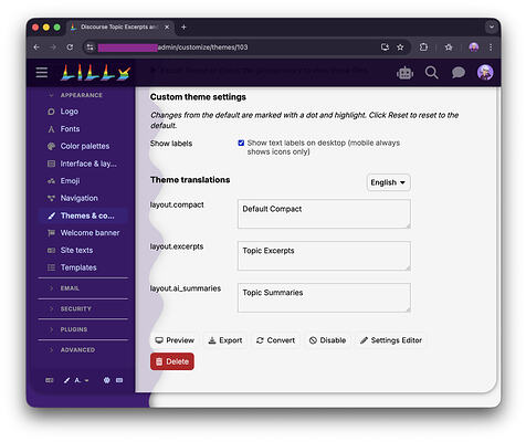 Component admin page