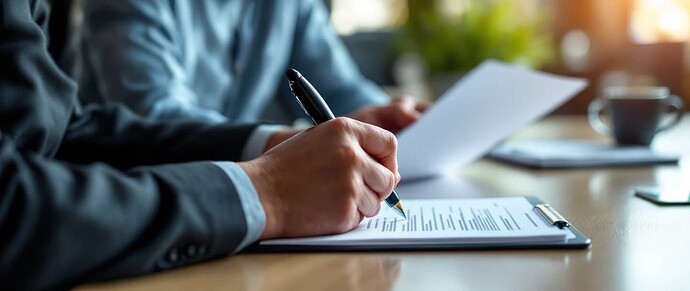 Une personne en costume d'affaires écrit sur un papier avec un stylo à une table, en pointant vers un graphique. (Légendé par IA)