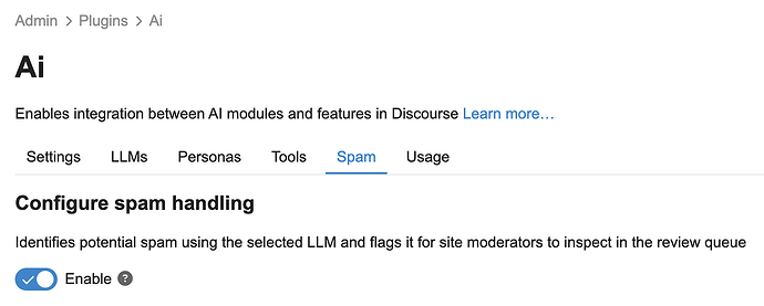 L'image montre une page de paramètres pour l'intégration des modules IA avec la fonctionnalité de gestion du spam de Discourse. (Légendé par l'IA)
