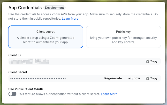 Finding the client ID and client secret credentials in the Zoom app.