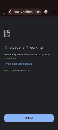 此图像显示一个错误页面,网站“nunity.nsfIRE_hub.ca”出现“ERR_TOO_MANY_REDIRECTS”错误,并建议删除 cookie,还有一个“重新加载”按钮。(由 AI 标注)