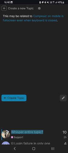 Un écran mobile affiche une interface de forum, potentiellement liée à l'application Composer, avec des options pour créer un nouveau sujet et un récent message discutant des échecs de connexion. (Légendé par l'IA)