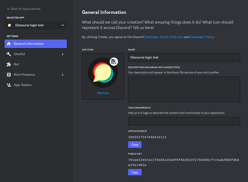 Discord application creation