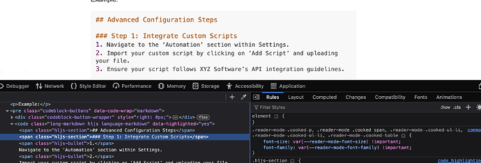 La imagen muestra una plataforma de codificación en línea con un artículo sobre la integración de scripts personalizados que incluye un fragmento de código y explicaciones sobre cómo navegar y configurar ajustes, junto con una ventana emergente de "elementos similares" que sugiere estilos personalizados. (Subtitulado por IA)
