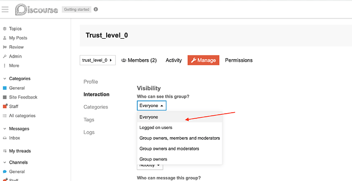 configuração do grupo de nível de confiança