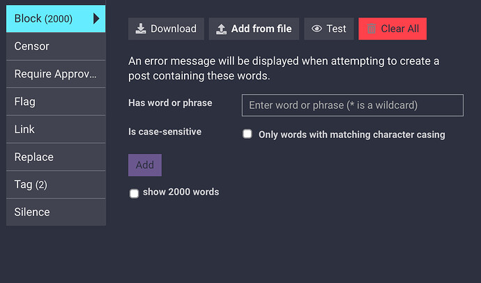 Una pagina dell'interfaccia utente con opzioni per bloccare determinate parole o frasi in un post per diventare un avviso. (Sottotitolato dall'IA)