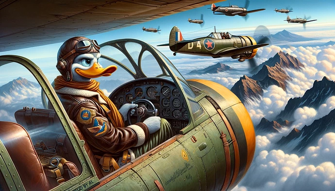 An anthropomorphic duck, wearing a classic pilot outfit, confidently controls a fighter plane amidst a formation flying over mountainous terrain. (Captioned by AI)