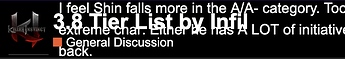 Uno screenshot mostra il testo di un forum di videogiochi che discute di una tier list per il personaggio Shin in Killer Instinct, con commenti sul suo posizionamento e stile di gioco. (Sottotitolato dall'IA)