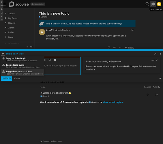 Uma captura de tela da interface do fórum web Discourse mostra um novo tópico sendo criado com opções para responder, vincular e adicionar imagens, juntamente com diretrizes da comunidade e informações de atividade. (Legenda da IA)