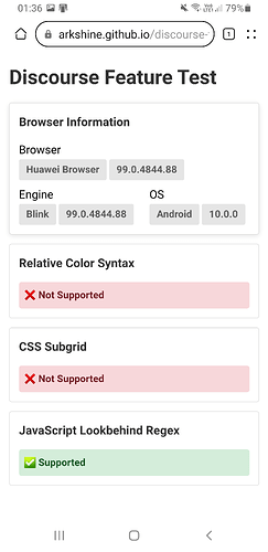 A imagem exibe os resultados de um teste de recurso para uma página da web, mostrando que o navegador é Huawei Browser, rodando no motor Blink com sistema operacional Android e suportando Regex de Lookbehind JavaScript, mas não Sintaxe de Cor Relativa ou Subgrade CSS. (Legenda por IA)