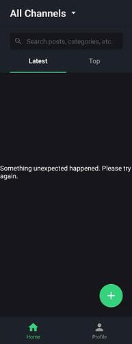The image shows an error message on a dark-themed app interface stating "Something unexpected happened. Please try again," with options for "Search posts, categories, etc." and a search bar, along with navigation buttons for Home, Profile, and a plus icon. (Captioned by AI)
