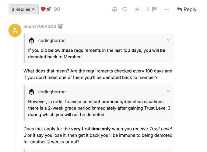 L'immagine è uno screenshot di un'interazione sui social media in cui un utente chiede informazioni sul processo di retrocessione nella community, menzionando che un individuo verrà rimandato a Membro se determinati requisiti non vengono soddisfatti entro 100 giorni, e il secondo messaggio chiarisce un periodo di grazia di 2 settimane dopo la fiducia... (Didascalia dell'IA)