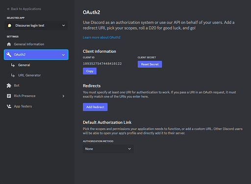 OAuth2 settings tab