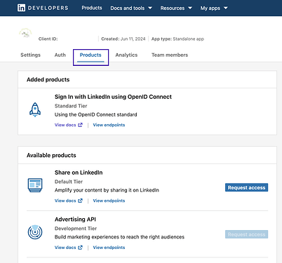LinkedIn product selection screen