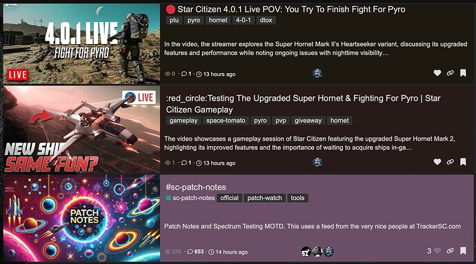 L'image est une capture d'écran des listes vidéo YouTube liées au stream en direct de Star Citizen "Fight for Pyro", jouant des segments du jeu, ainsi que les notes de patch SC, y compris les détails sur le Super Hornet et les tests de gameplay des citoyens. (Légendé par l'IA)