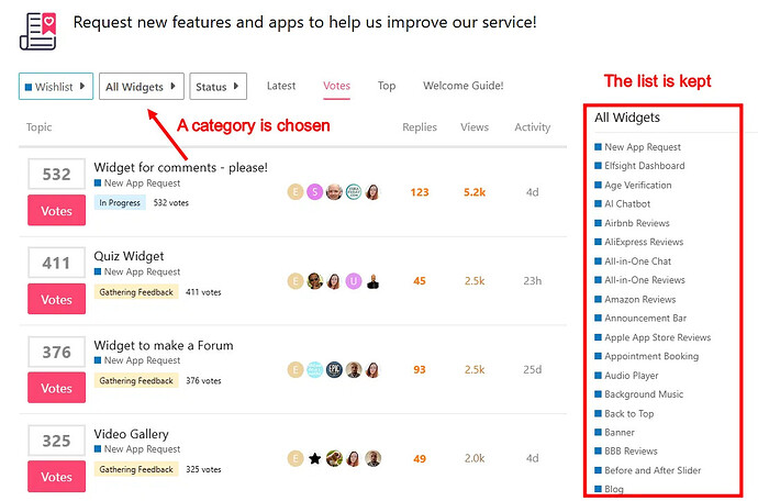 La imagen muestra una plataforma de comentarios o sugerencias donde se selecciona la categoría "Todos los widgets" de un menú desplegable. (Descrito por IA)