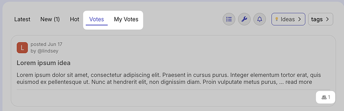 Le voci di menu superiori "Voti" e "I miei voti" permettono ai membri di ordinare e filtrare l'elenco dei temi in base ai voti. I voti sono mostrati sulla scheda del tema.