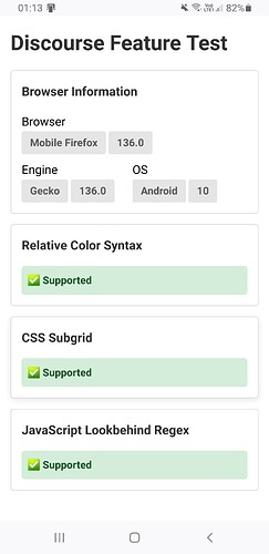 A imagem exibe os resultados de um Teste de Recurso do Discourse para Firefox 136.0 móvel, indicando que recursos como Sintaxe de Cor Relativa, Subgrade CSS e Regex de Lookbehind JavaScript são suportados. (Legenda por IA)