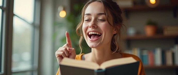 Женщина счастливо указывает на книгу, читая в хорошо освещённой комнате. (Подпись сгенерирована ИИ)