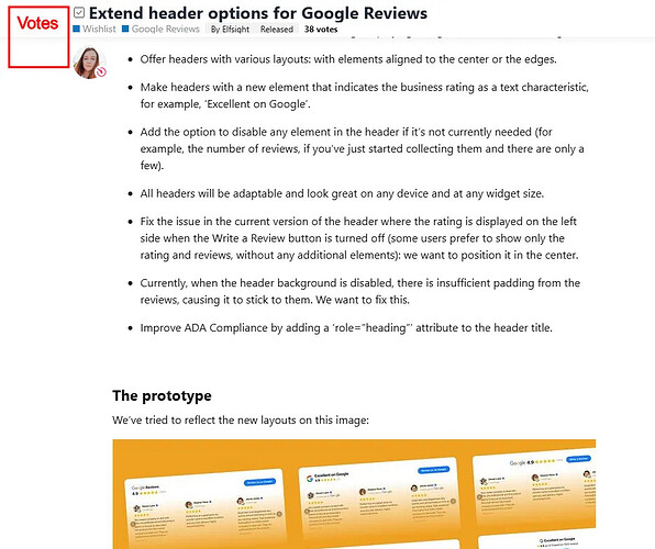 La imagen describe los cambios propuestos para los encabezados de Google Reviews, incluyendo varios diseños, visualización adaptable en diferentes dispositivos y mejoras en el cumplimiento de la ADA. (Descrito por IA)